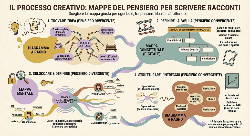 Infografica che illustra i passaggi da seguire per sviluppare racconti con l'aiuto delle mappe del pensiero.