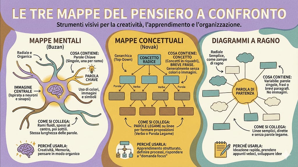 Infografica raffigurante le principali differenze intercorrenti tra le tre tipologie di mappe del pensiero, ossia mappe mentali, mappe concettuali e diagrammi a ragno