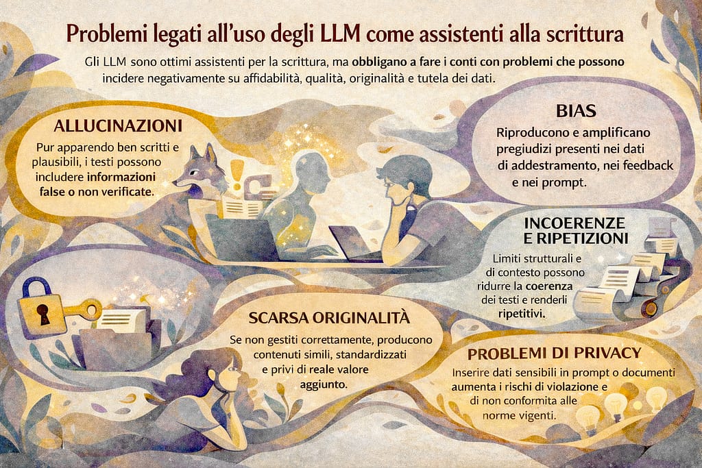 Infografica che riassume i 5 problemi principali legati all'uso degli LLM come assistenti alla sccrittura e descritti di seguito
